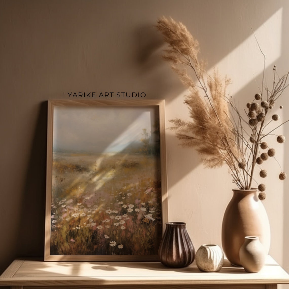 Wildflower Meadow With White Daisies Misty Mountain View Poster - Image 3
