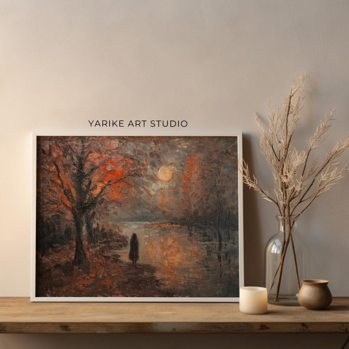 Moody Night Lake Moonlight Reflection Lone Figure Autumn Poster - Image 4