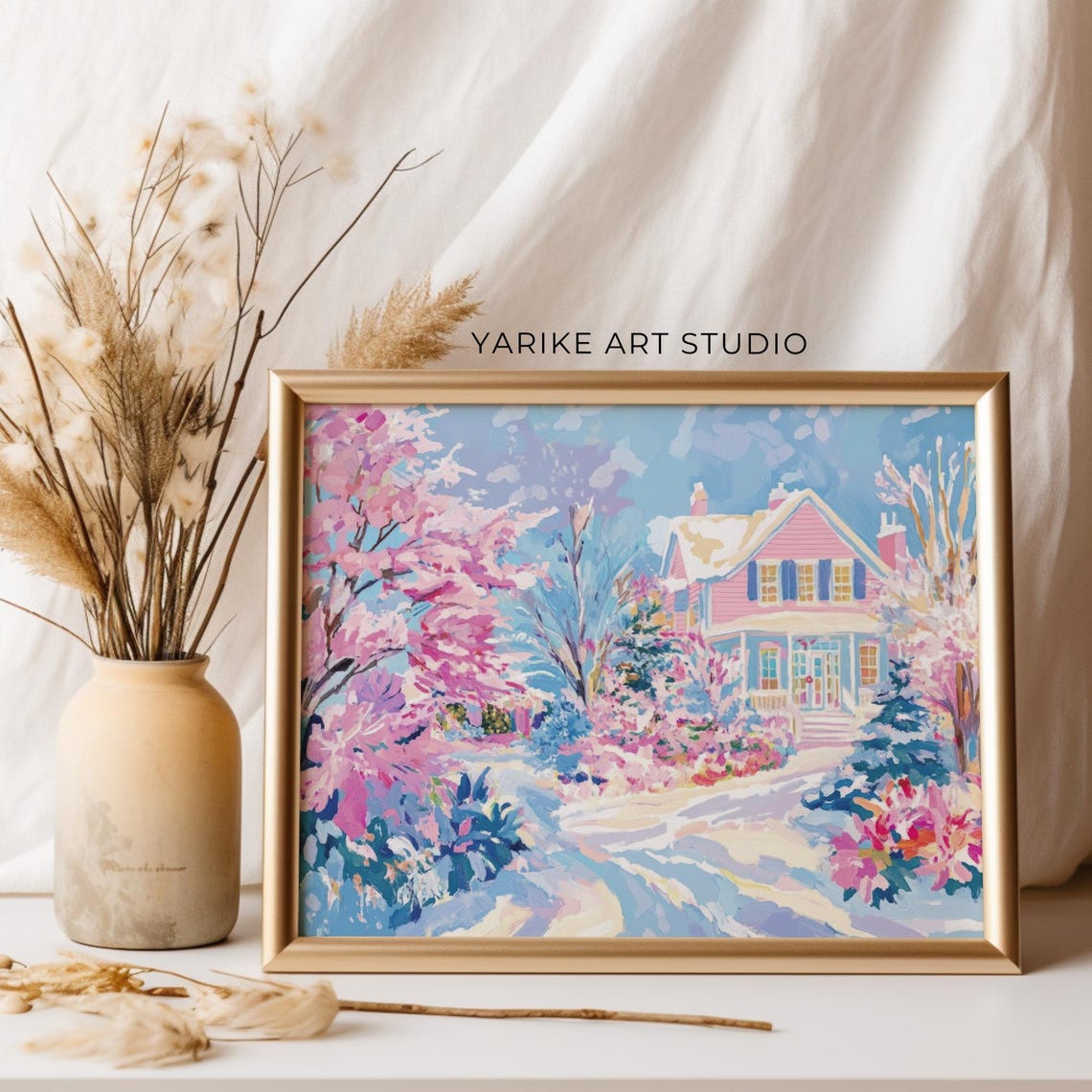 Pink Snowy House Landscape Painting Country Christmas Print Xmas Wall Art Christmas Girls Room Holiday Decor 860 - Image 2