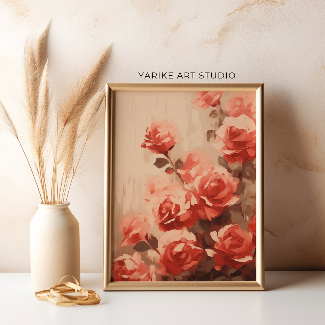 Lush Red and Pink Roses Bouquet Oil Painting Romantic Floral Poster
