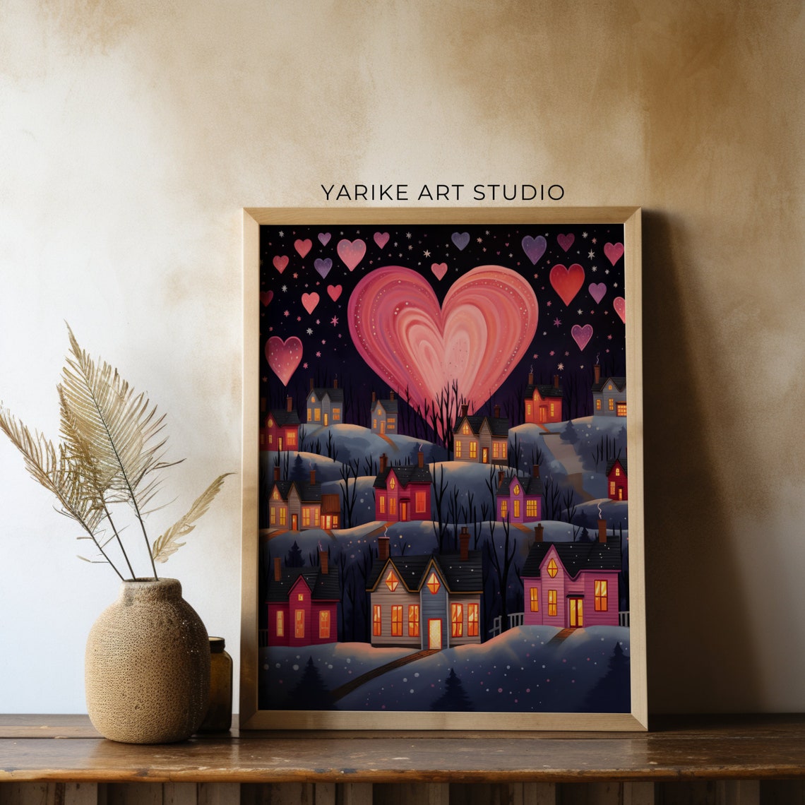Snowy Christmas Wall Art Town City Winter Town City Art Moody Valentines Day Wall Art Love Folk Art Prints Yarike 336 Ai - Image 3