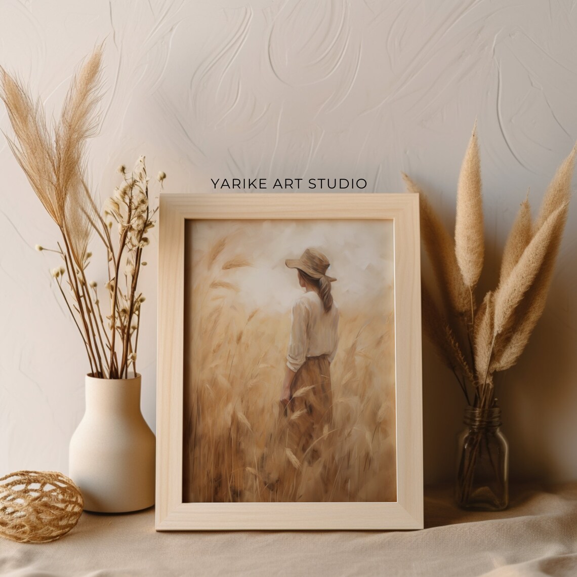 Woman with Hat in Golden Wheat Field Harvest Painting Poster - Image 3