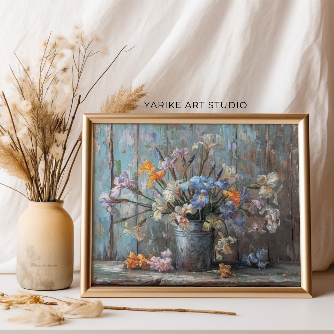 Blue Iris Bouquet Tin Pail Rustic Floral Still Life Painting Poster - Image 5