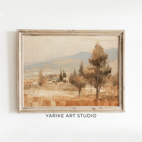 Warm Golden Countryside with Cypress Trees and Distant Village Print
