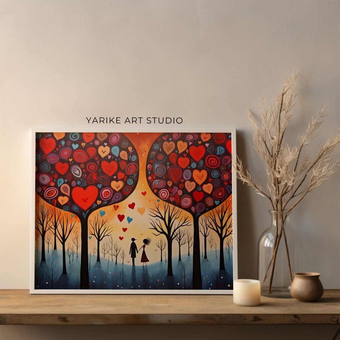 Couple Under Heart Trees In Snowy Woodland Folk Valentine Poster - Image 2