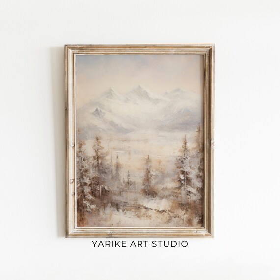Misty Snowy Mountain Pines Soft Winter Landscape Painting Poster