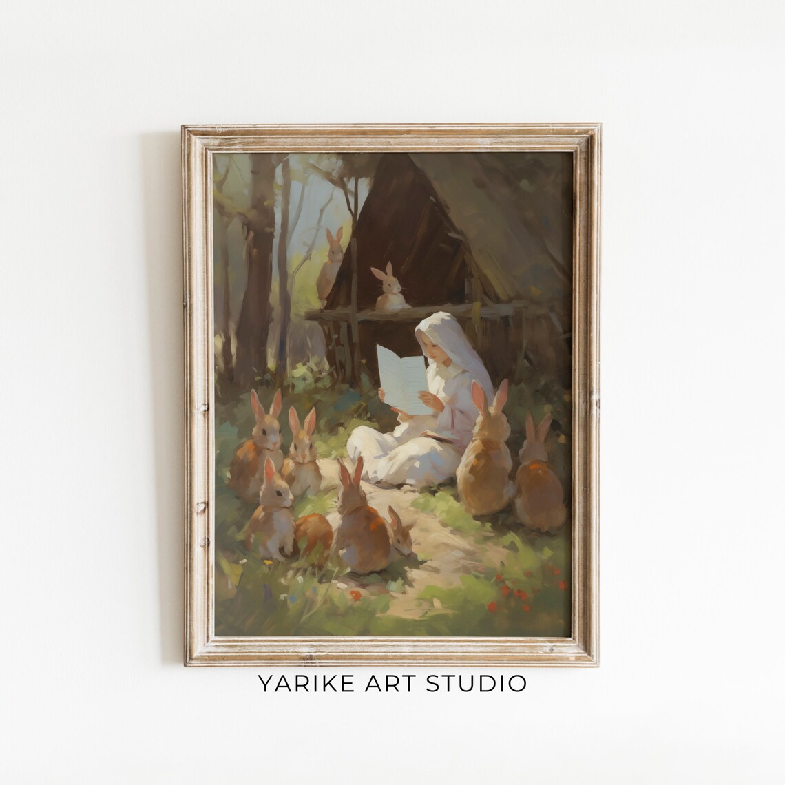 Whimsical Girl Reading to Forest Bunnies Woodland Art Poster - Image 6