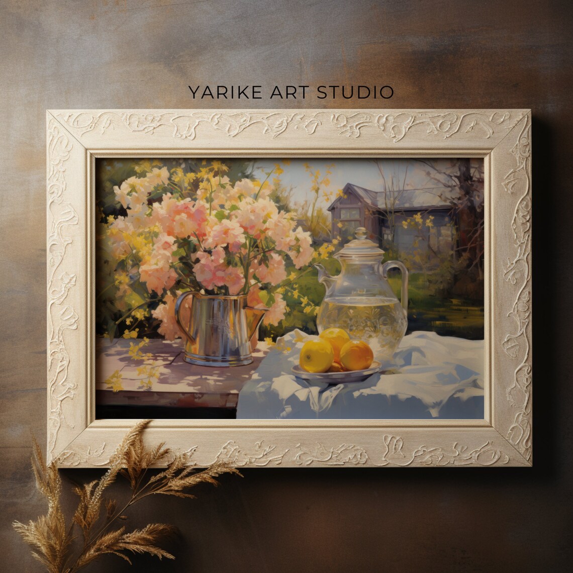 Pink Blossom Pitcher Lemons Garden Still Life Painting Poster - Image 5