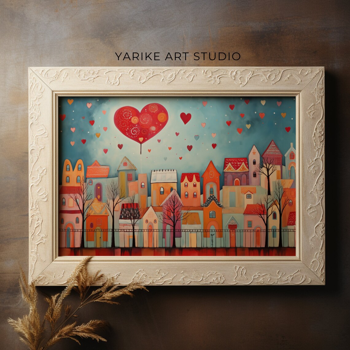 Whimsical Town Giant Heart Balloon Colorful Folk Art Love Poster - Image 5
