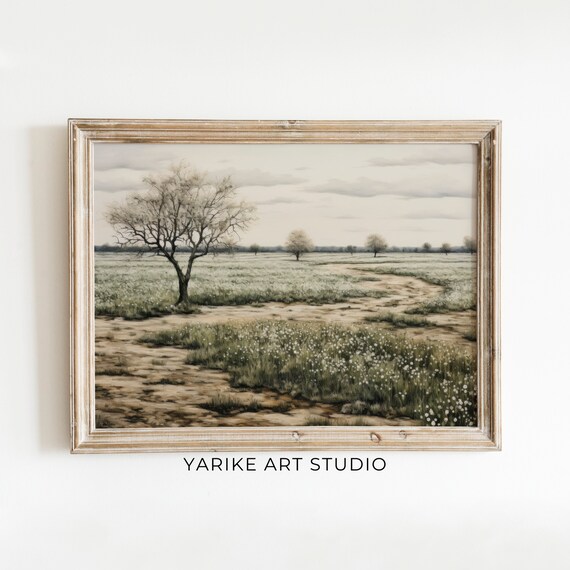 Moody Countryside Art Print Vintage Wildflower Field Landscape Oil Painting Country Field Wall Art 500