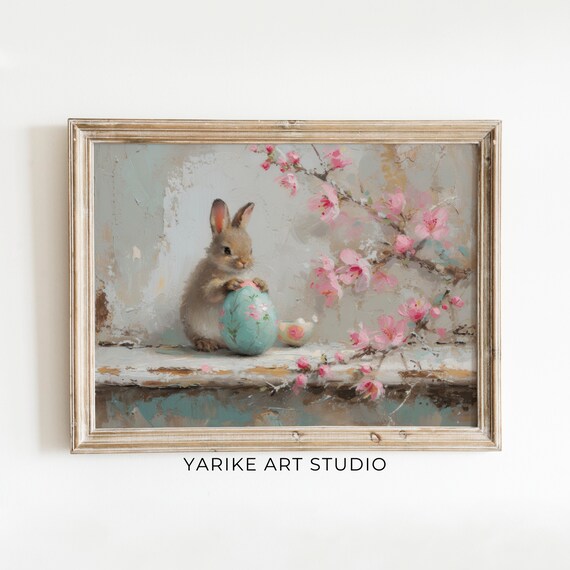 Cute Bunny with Easter Egg Cherry Blossom Spring Painting Poster