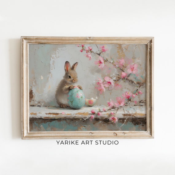 Cute Easter Bunny Oil Painting Easter Egg Print Cherry Blossom Spring Print Easter Decor Spring Decor Cottagecore Print Farmhouse Decor 511