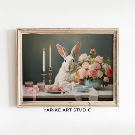 White Rabbit Easter Table Oil Painting Bunny Flowers Still Life Poster