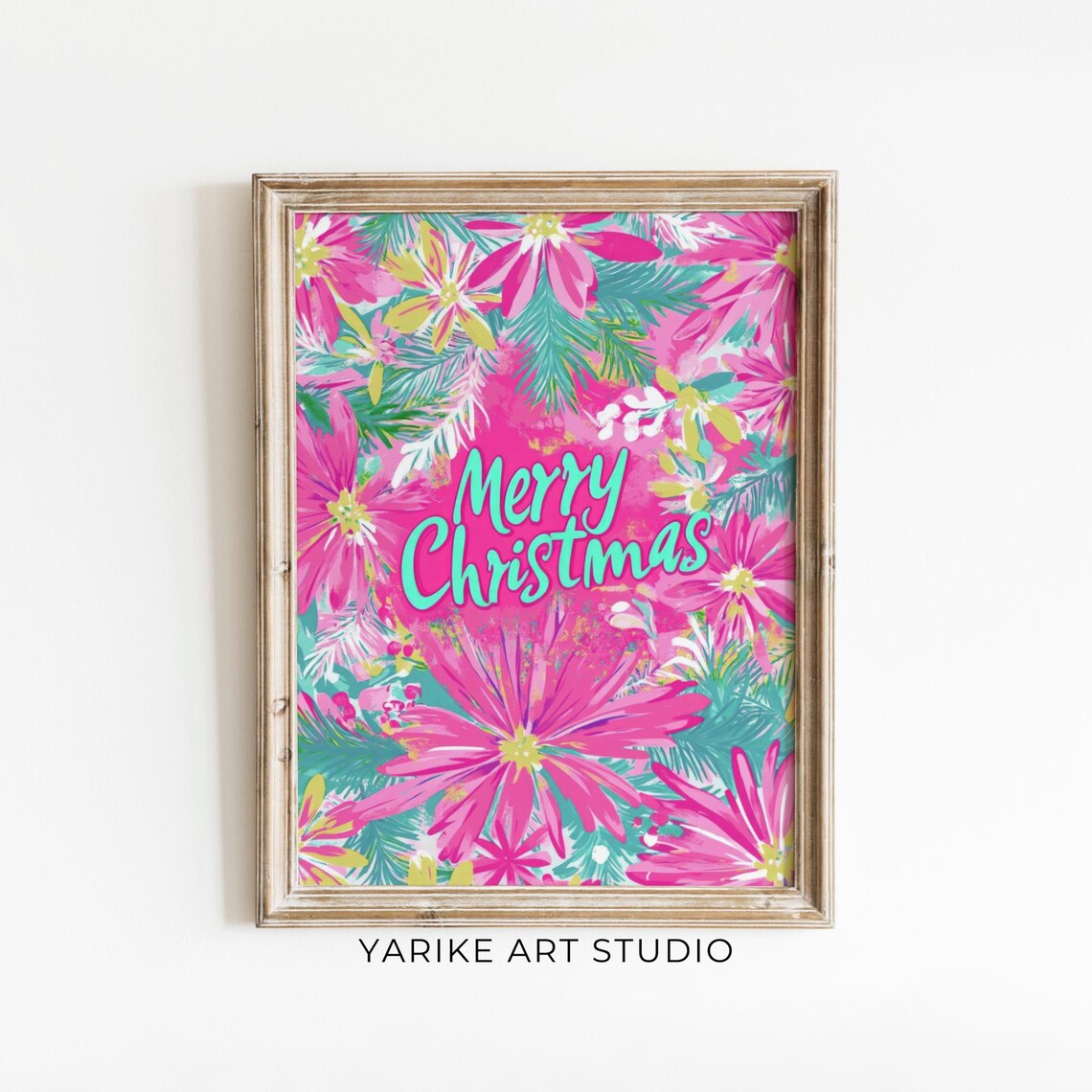 Merry Christmas Pink Tropical Floral Text Art Bright Holiday Poster