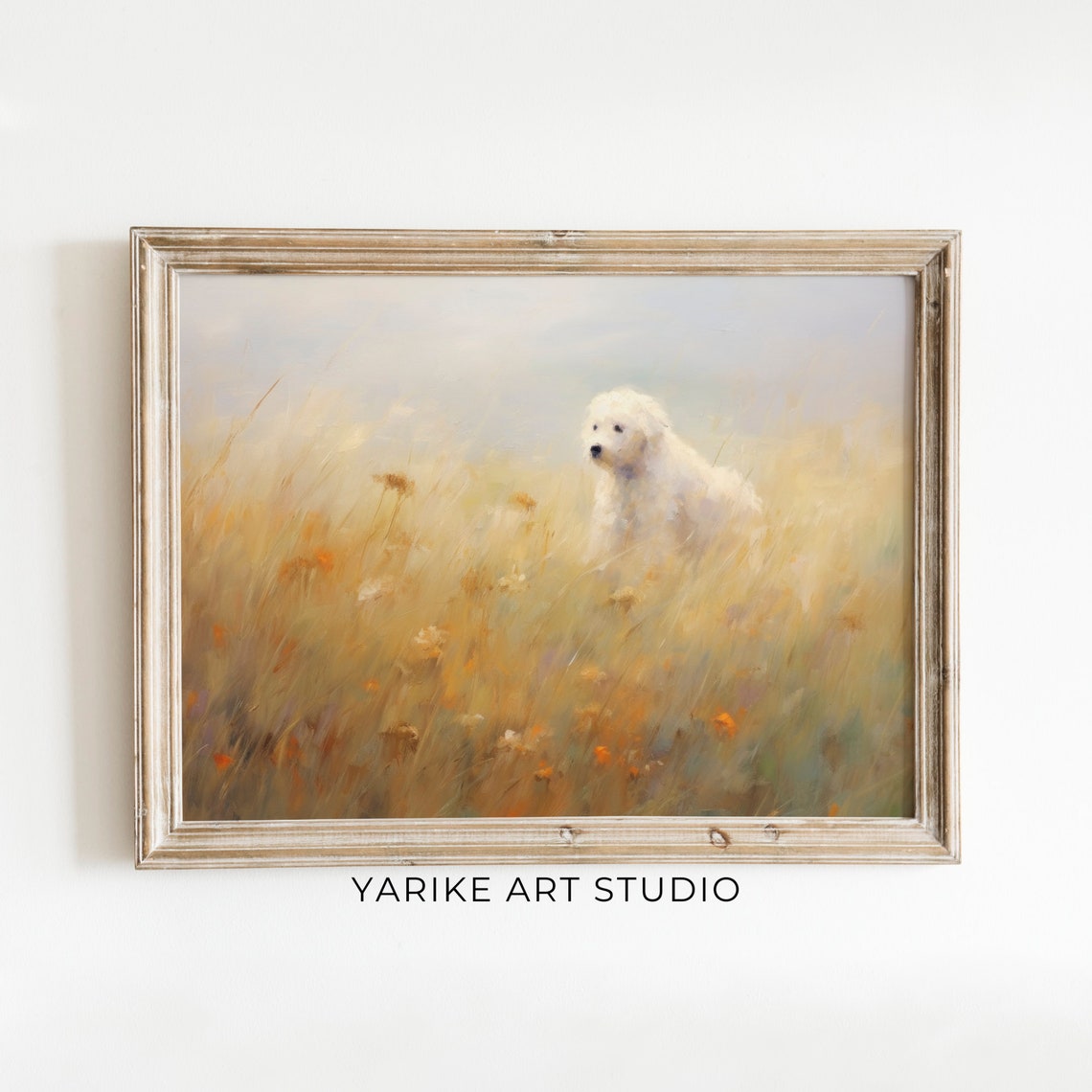 Vintage Wildflower Dog Painting Serene Field Landscape Canine Pet In Nature Meadow Painting Vintage Dog Art 464