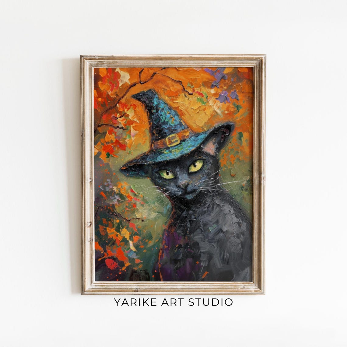 Black Cat Wearing Witch Hat Autumn Halloween Portrait Poster