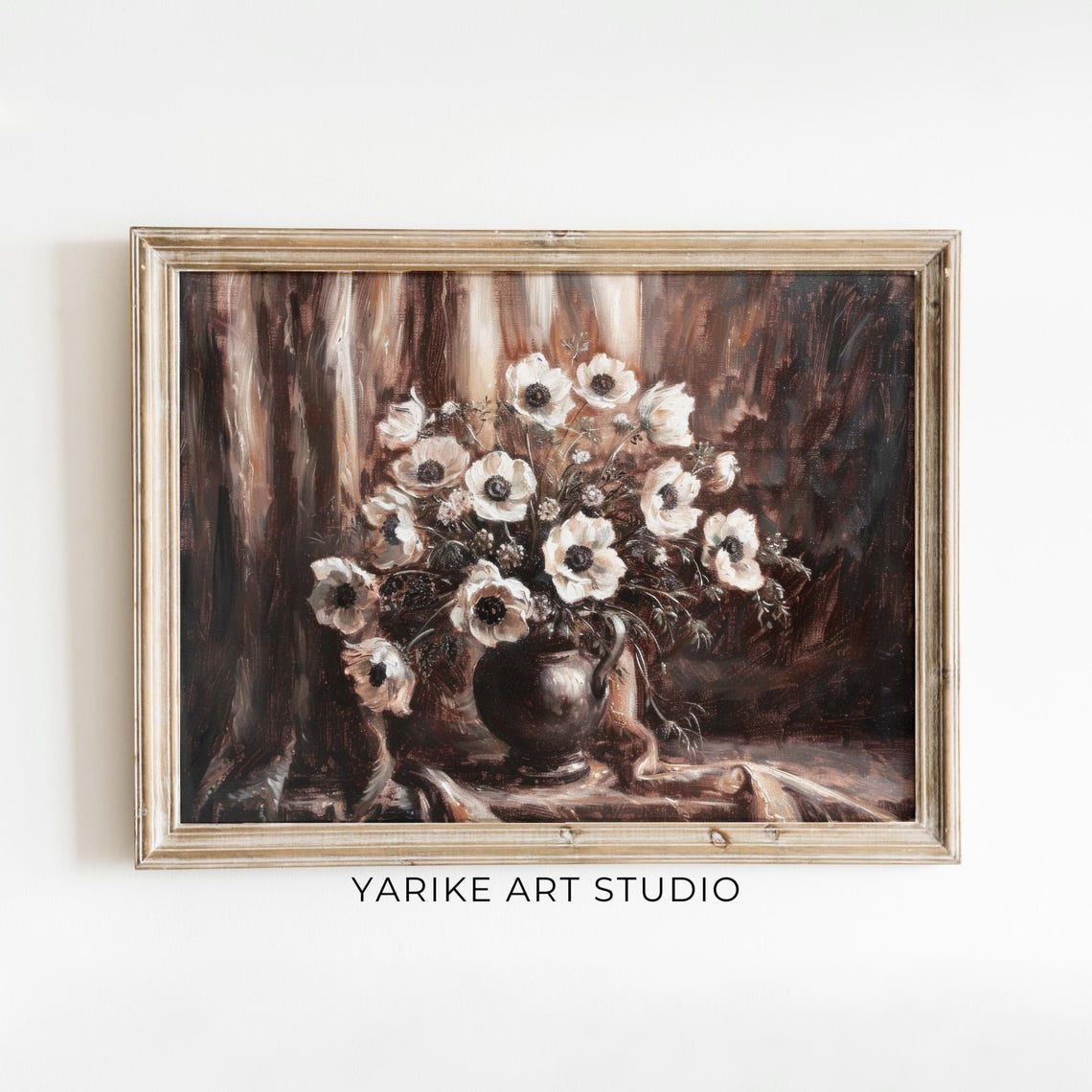 White Anemone Flowers Dark Vase Dramatic Floral Still Life Poster