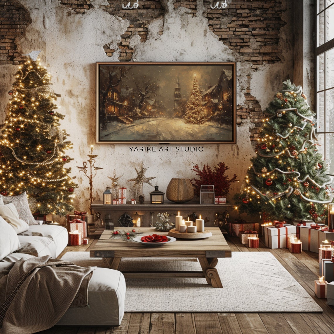 Vintage Winter Town Night Frame Tv Art Christmas Frame Tv Screensaver Warm Tone Holiday Winter Village Landscape Painting 88 Tv - Image 2
