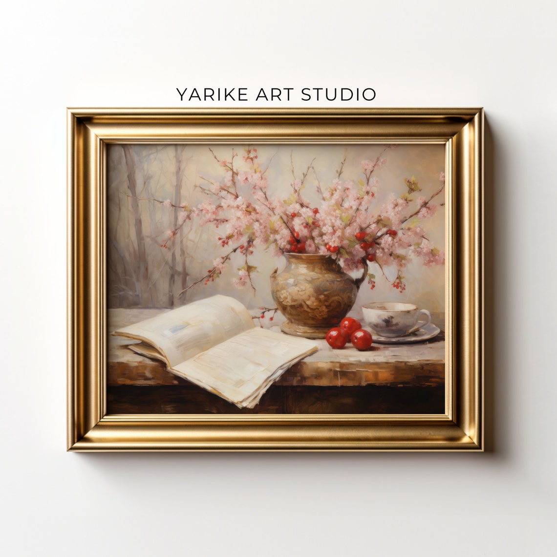 Vintage Pink Blossom Still Life With Book Teacup And Apples Print - Image 2