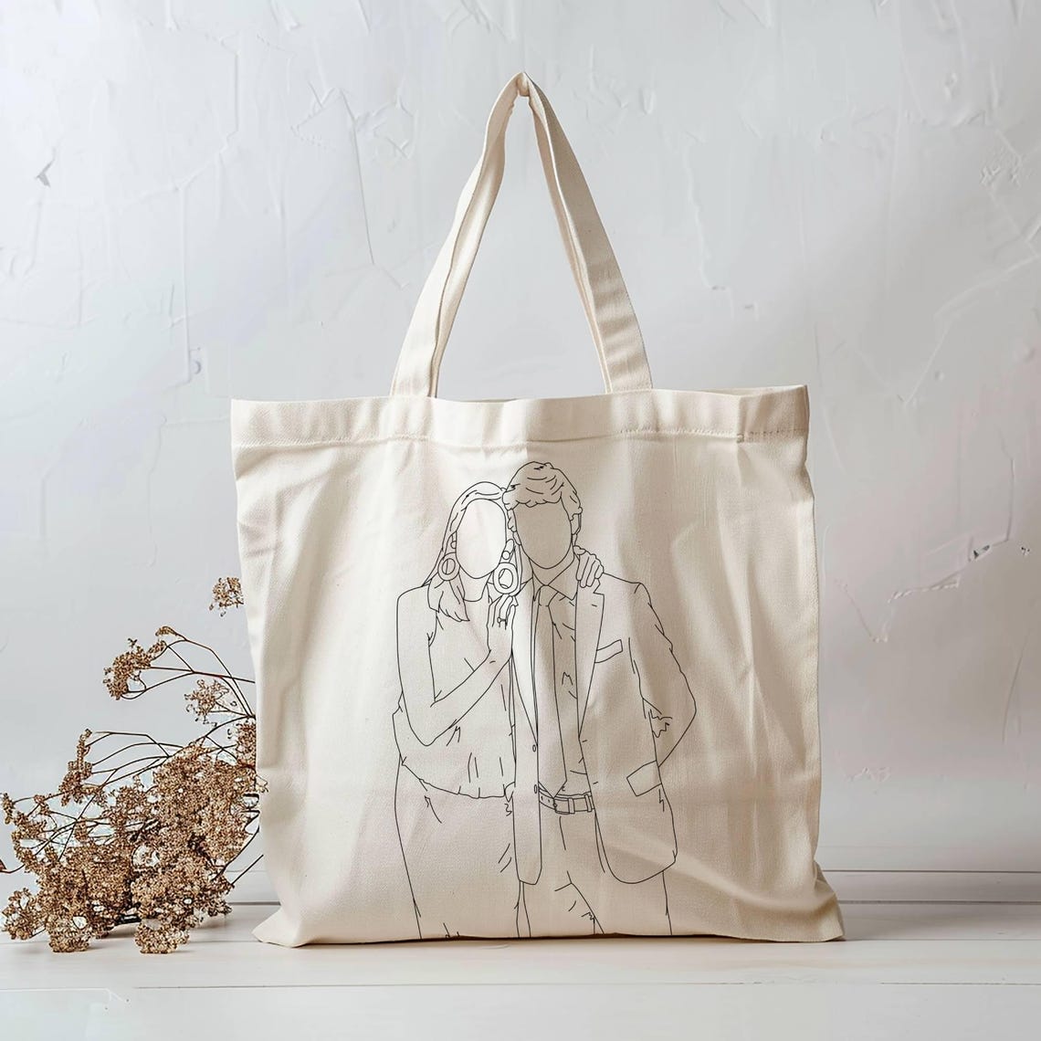 Summer Couple Line Illustration Custom Canvas Tote Bag Art Poster - Image 2