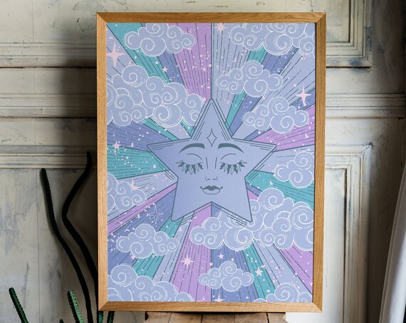 Star Retro Celestial Poster, Vintage 70s Room Decor
