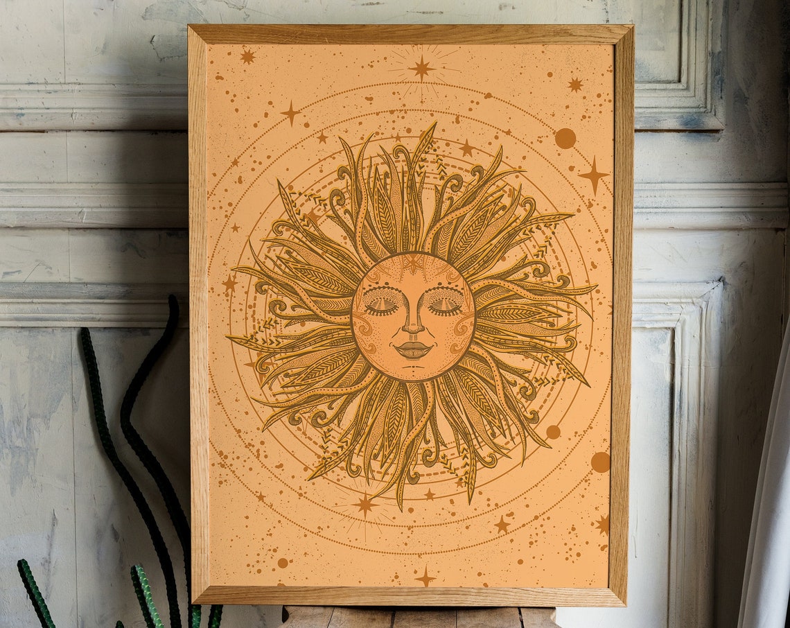 Vintage Celestial Sun Face Ornate Golden Rays Bohemian Wall Art - Image 3