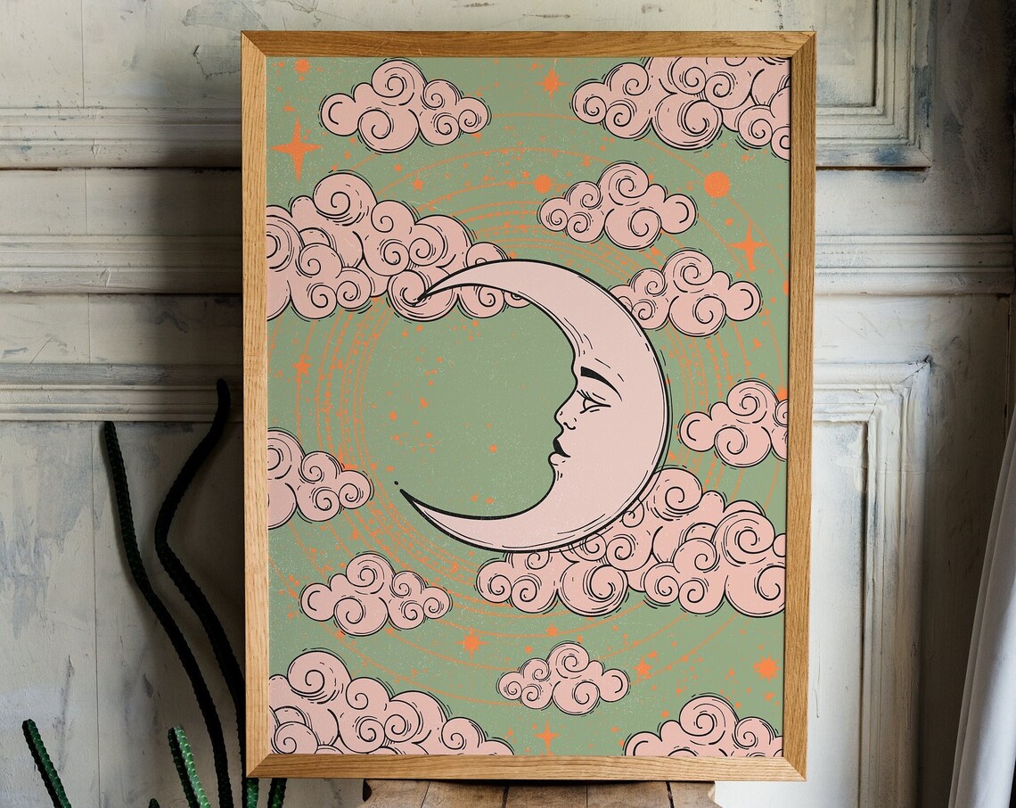 Moon and Stars Vintage Poster, 70s Bohemian Decor