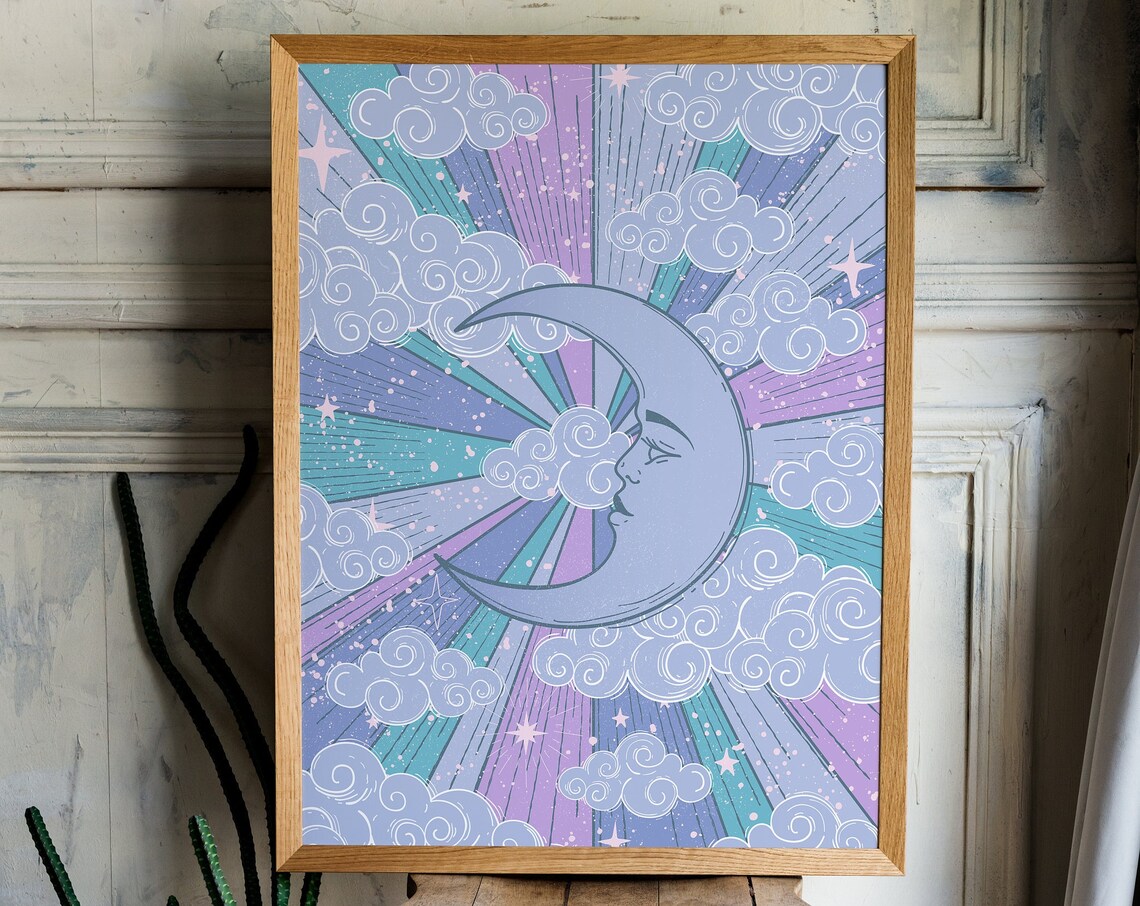 Moon and Stars Retro Celestial Art Print