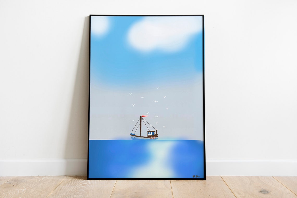 Tiny Sailboat Vast Open Blue Sea Minimalist Whimsical Ocean Art Poster
