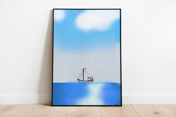 Tiny Sailboat Vast Open Blue Sea Minimalist Whimsical Ocean Art Poster