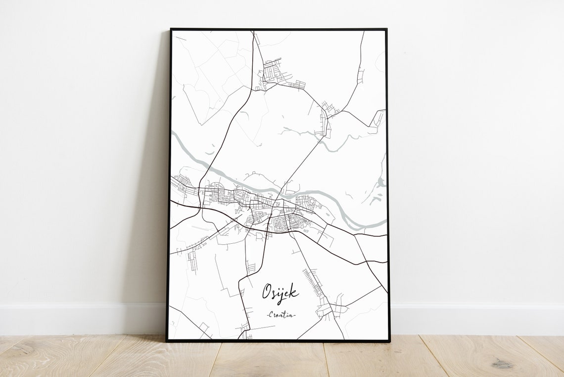 Osijek Croatia Minimalist Black and White City Street Map Poster