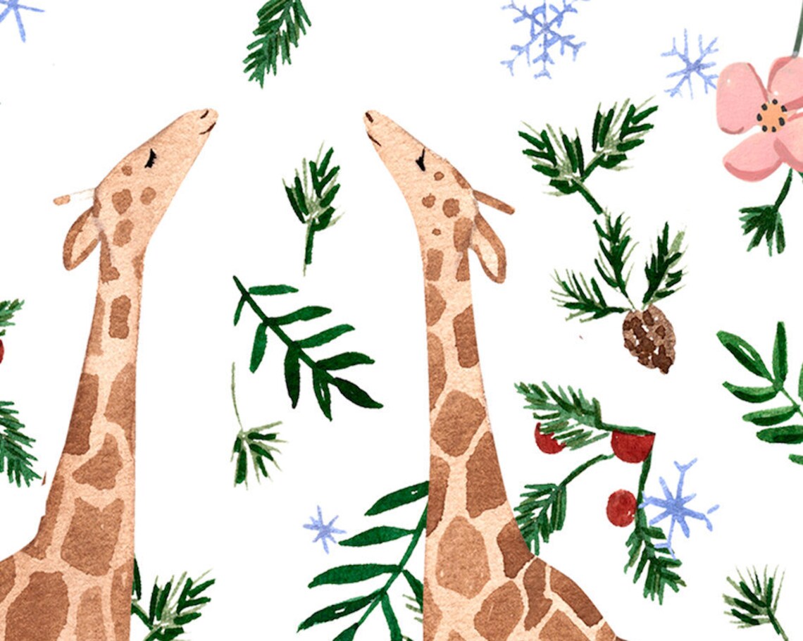 Festive Giraffes Christmas Watercolor Pine Snowflake Art Poster