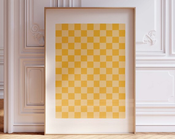 Bold Yellow Checkerboard Pattern Retro Pop Abstract Art Print