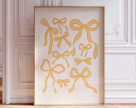 Yellow Assorted Ribbons Print Art Bow And Ribbon Apartment Nursery Coquette Lemon Cake Prints