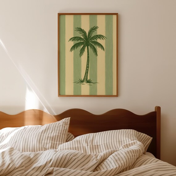 Green Palm Tree Striped Coastal Summer Beach Wall Decor Poster