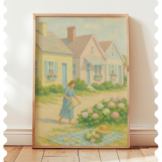 Pastel Beach Cottage Garden Hydrangeas Watering Summer Painting Poster