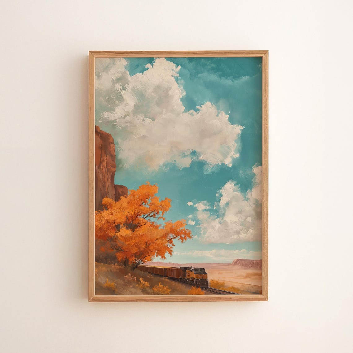 Autumn Train Landscape Art Rustic Fall Foliage Scenic Country Decor