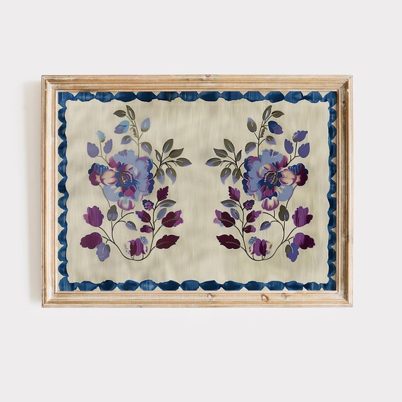 Embroidered Style Purple Floral Vintage Botanical Farmhouse Art Print