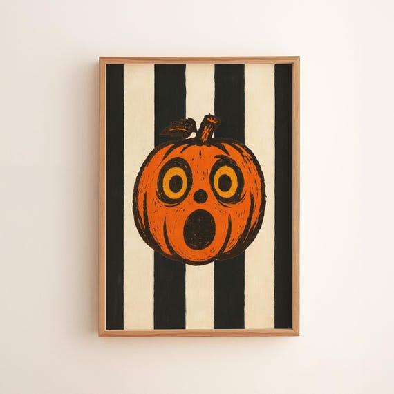 Vintage Halloween Print Spooky Jackolantern Black White Stripes