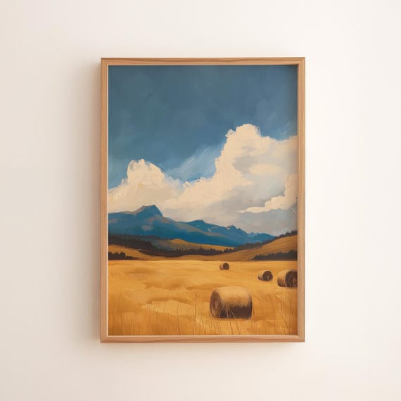 Golden Field Landscape Print Rustic Mountain View Autumn Farmhouse