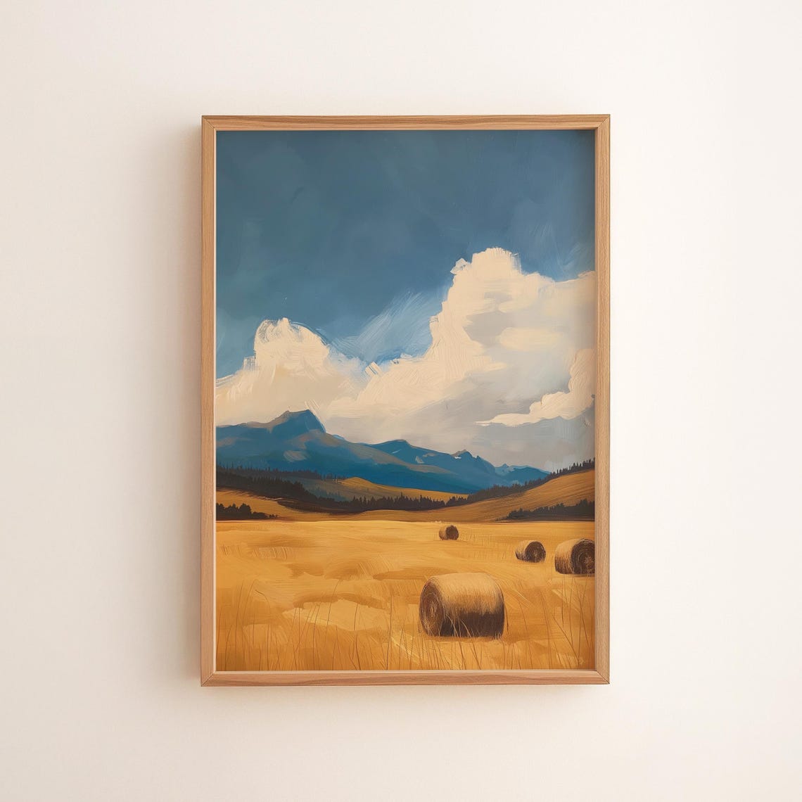 Golden Field With Hay Bales Blue Sky Mountain Autumn Farm Poster
