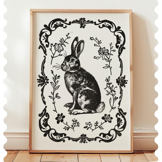 Vintage Rabbit Print Black And White Bunny Wall Art