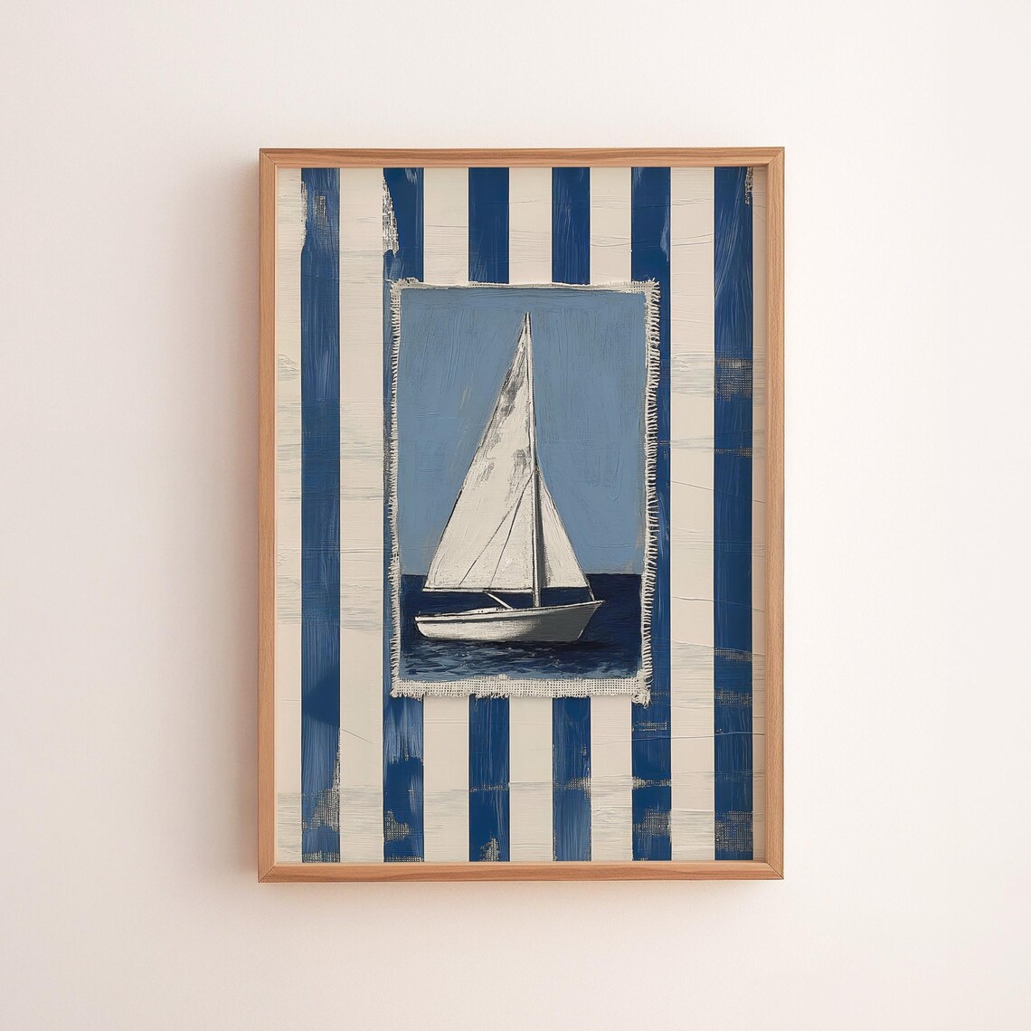 Sailboat Navy Striped Background Nautical Collage Style Poster