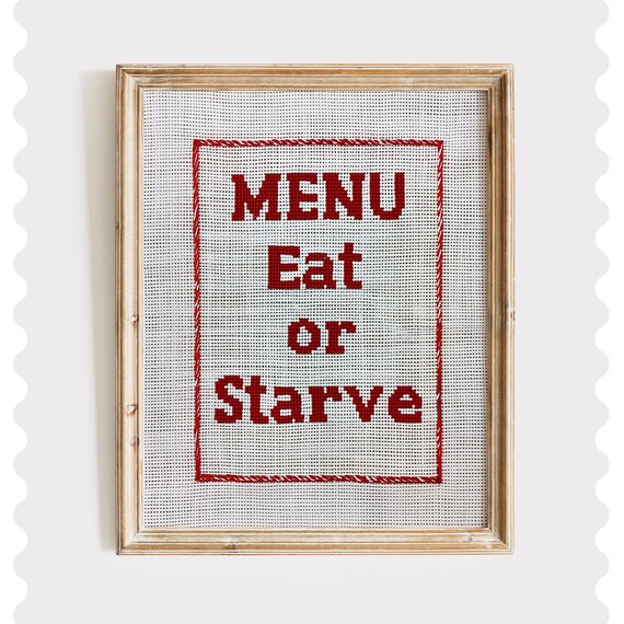 Menu Eat Or Starve Red Cross Stitch Funny Kitchen Sign Poster