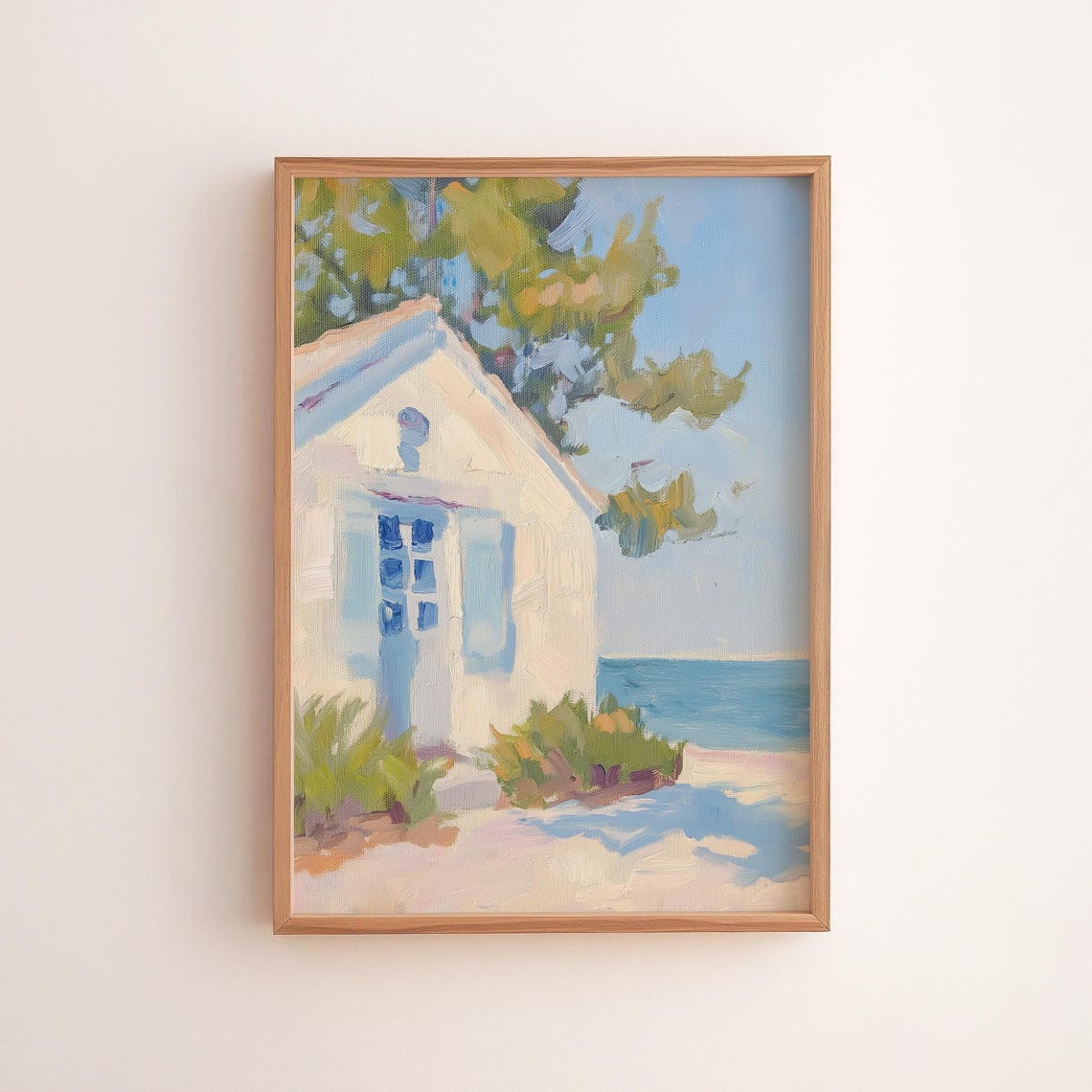 White Coastal Cottage by the Sea Impressionist Seaside Painting Poster
