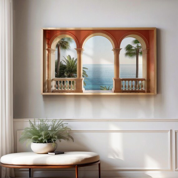 Mediterranean Arched Window Sea View Palm Balcony Frame TV Art Poster