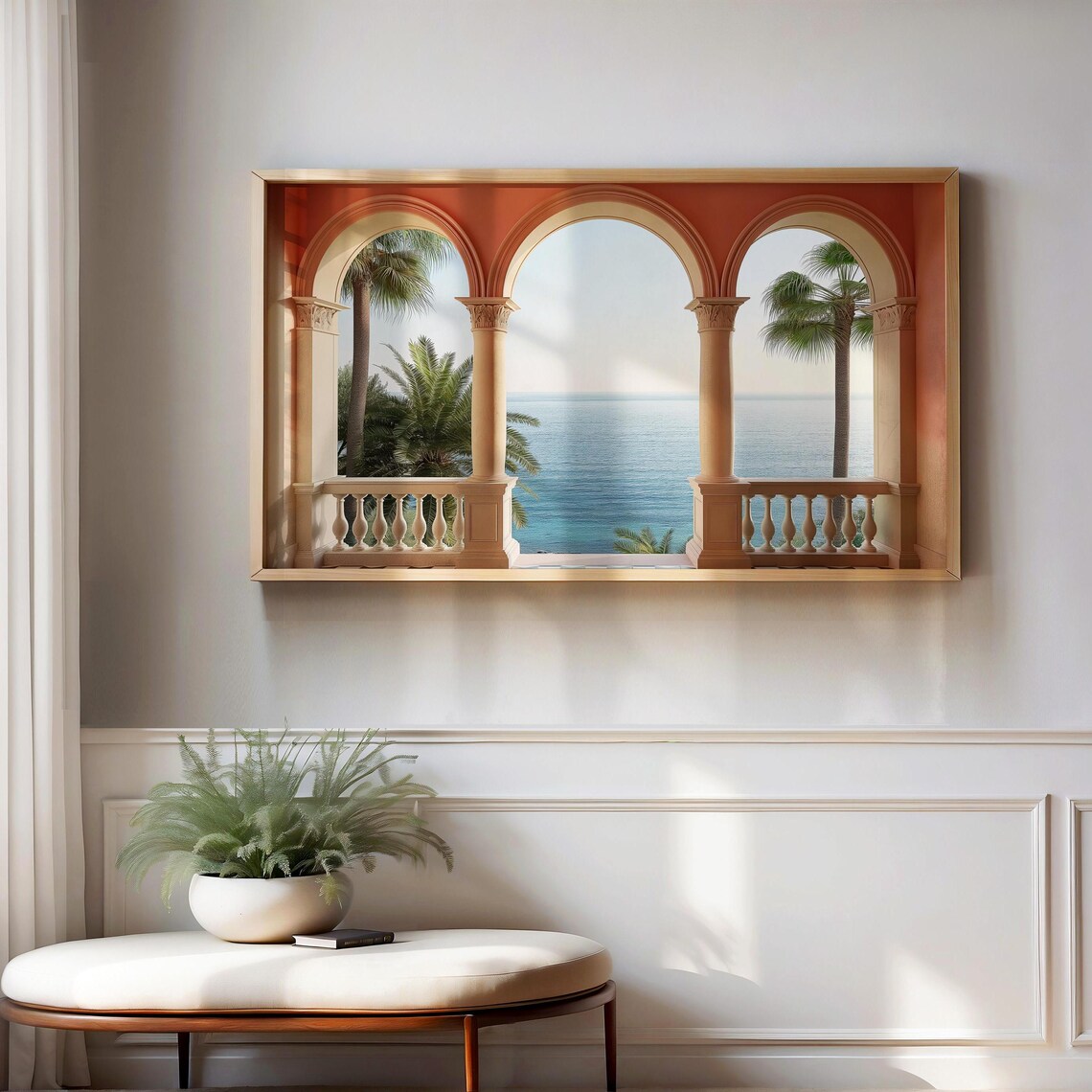 Mediterranean Arched Window Sea View Palm Balcony Frame TV Art Poster