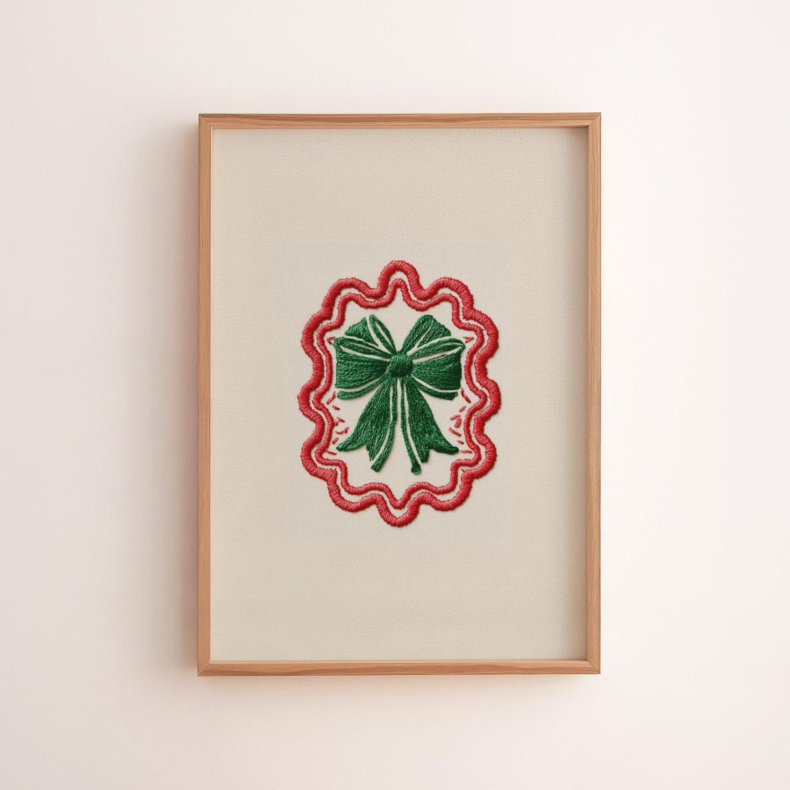 Sweet Embroidered Green Bow Red Scallop Christmas Holiday Wall Art