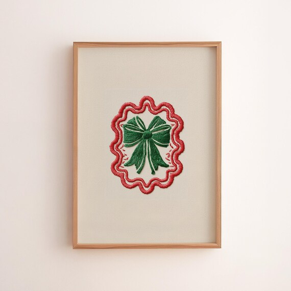 Sweet Embroidered Green Bow Red Scallop Christmas Holiday Wall Art