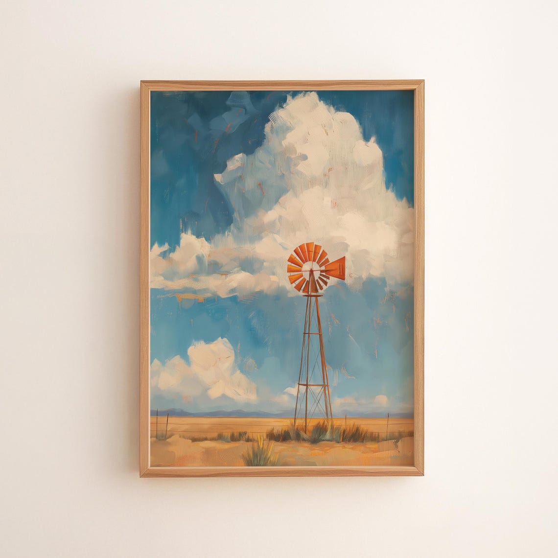 Prairie Windmill Towering Clouds Rustic Americana Painting Poster